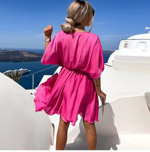 Sexy V Neck Dresses For Women Elegant Short Sleeve Solid A-line Loose Mini Dress