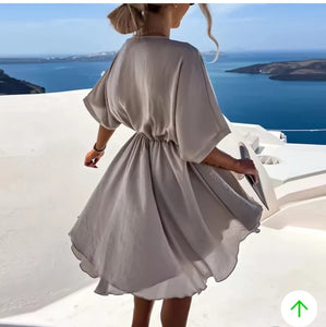 Sexy V Neck Dresses For Women Elegant Short Sleeve Solid A-line Loose Mini Dress