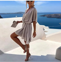 Load image into Gallery viewer, Sexy V Neck Dresses For Women Elegant Short Sleeve Solid A-line Loose Mini Dress
