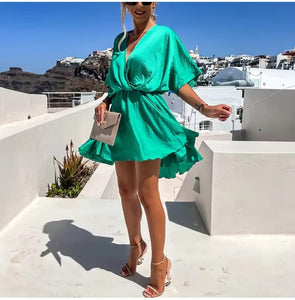 Sexy V Neck Dresses For Women Elegant Short Sleeve Solid A-line Loose Mini Dress