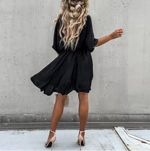 Sexy V Neck Dresses For Women Elegant Short Sleeve Solid A-line Loose Mini Dress
